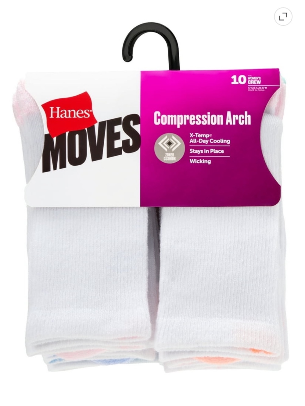 Hanes Moves Compression Arch Crew Socks - Gray & White - 10 Pack